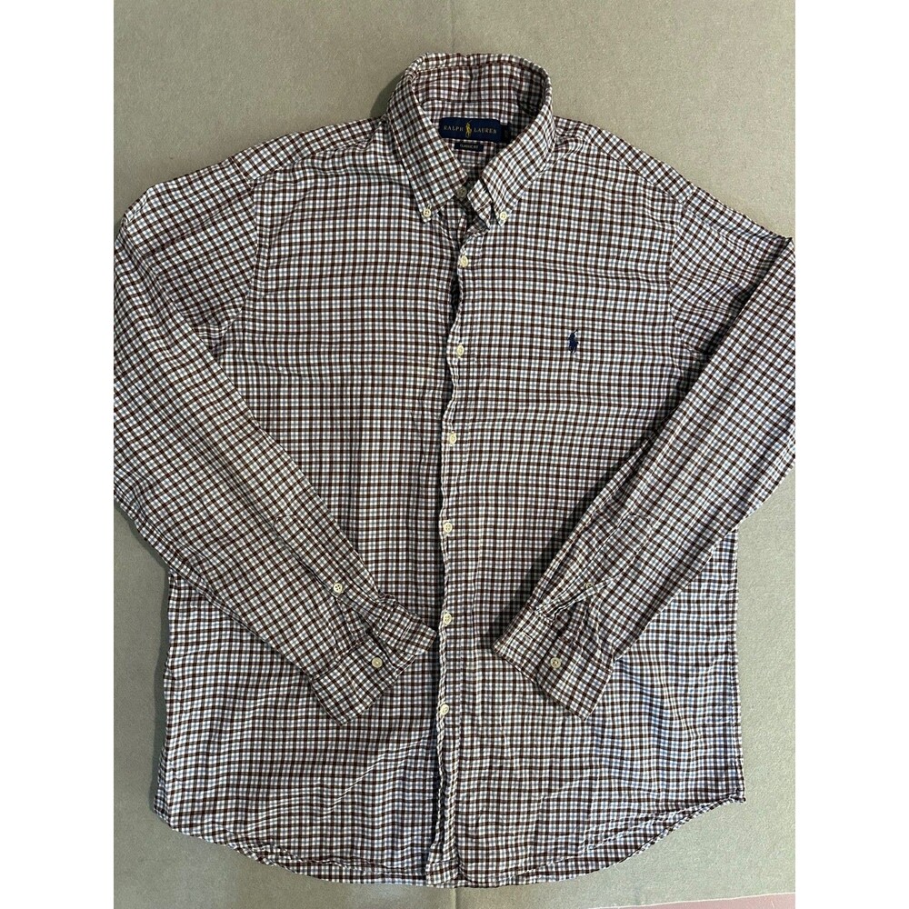 Polo Ralph Lauren Shirt Mens XL Classic Fit Plaid Check Button Down Brown Blue